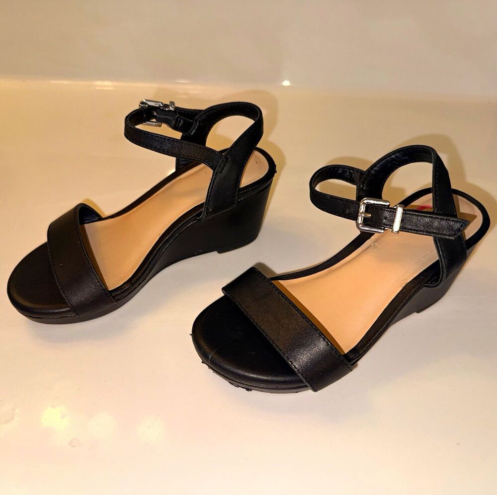 GB Girls Black Strappy Wedge Sandals Faux Leather Buckle Ankle Strap Sz11